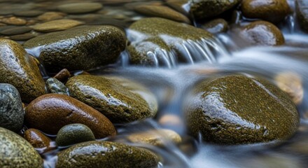 Fototapeta premium Smooth river stones in a shallow stream with blurred water movement