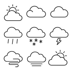 Weather Icon Set. Outline style icon of Digital Weather Icons: partly cloudy, mostly cloudy, overcast, cloud with rain, cloud with