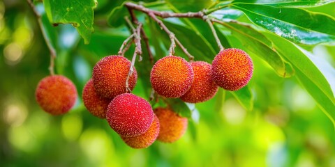 Obraz premium Vibrant red and orange arbutus unedo berries hanging from a lush green branch.
