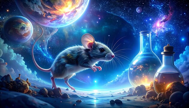 A mouse in a cosmic landscape, surrounded by planets and nebulae. Cosmic scene