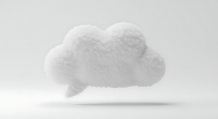 A fluffy, white, cloud-shaped object with a speech bubble tail, rendered in a soft, minimalist 3D style, floating against a plain white background.
