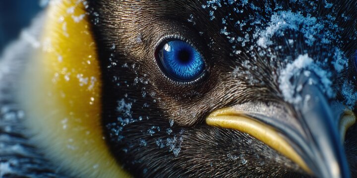 A captivating close-up view of an emperor penguin with a striking blue eye and frosted feathers.