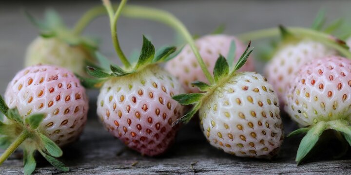 Close-up of fresh pineberries, a unique and flavorful fruit, resting on a wooden surface.