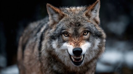 Obraz premium Eurasian wolf showing teeth in snowy forest