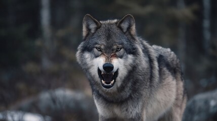 Fototapeta premium Gray wolf snarling and showing teeth in forest habitat