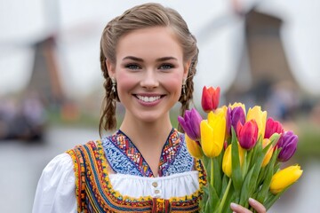 Dutch woman holding tulips with windmills in background