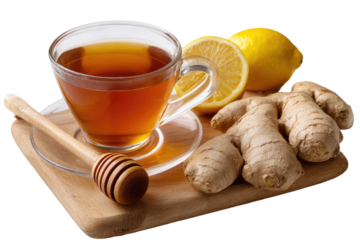 A cup of tea with lemon and ginger, accompanied by honey