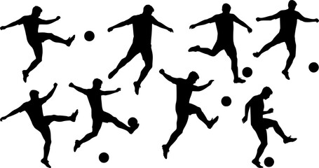 Silhouette illustrations of a soccer player kicking a ball in various action poses against a white background.
