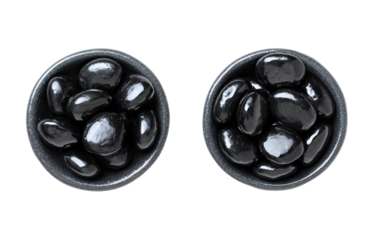 Two dark gray bowls filled with glossy, dark, round objects