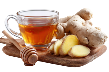 Transparent glass cup of golden-brown tea, beside a ginger root and slices, with a honey dipper on a wooden board