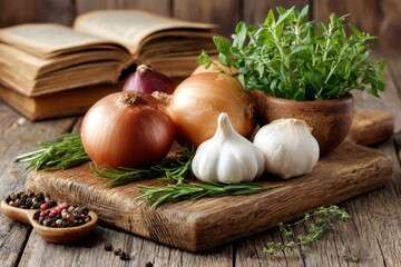 Onions, garlic, and herbs resting on rustic cutting board with cookbook
