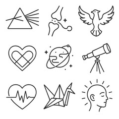 Mind Expansion Icons. Outline style icons of Mind Expansion: prism spectral trail, neuronal synapse jump, rising phoenix bird,
