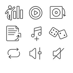 Microinteraction Icon Set. Outline style icons of Microinteraction: music beat bar dance, play tap ripple, album art flip, lyric