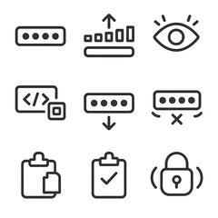 Microinteraction Icon Set. Outline style icons of Microinteraction: password type dots, strength meter grow, visibility eye blink,