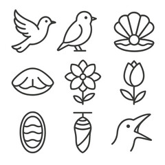 Open and Closed Icons. Line style icons of open and closed animals or plants: open wing bird, folded wing bird, open clam, closed