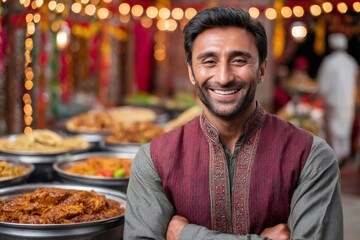 Obraz premium Indian chef smiling with arms crossed in front of food stall at night market