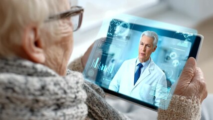 GEN 3: Ключевалка сказал:
Elderly woman holding tablet during virtual consultation with male doctor, surrounded by holographic medical interface and health data. Soft indoor lighting. 4K video - Powered by Adobe