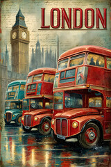 A Vintage travel poster of Iconic London Red Buses in the Rainy Streets