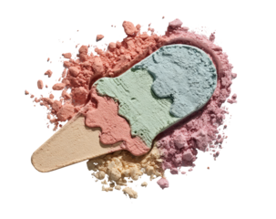 Multi-colored ice cream popsicle, swirled pastel colors, nestled in a cloud of colorful powder