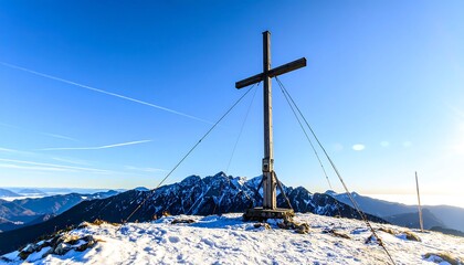 Wooden cross atop snowy mountain peak