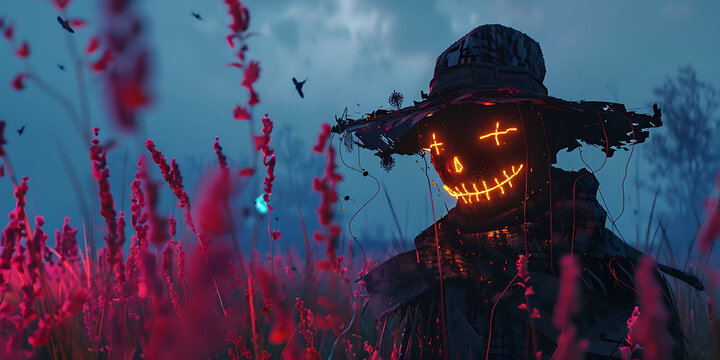 Eerie scarecrow with glowing face stands in a field of vibrant flowers at twilight.