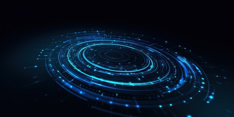 Blue glowing concentric circles form a futuristic digital interface on a dark background, technology, innovation, data processing and communication. Background for digital themes, Broadcast design