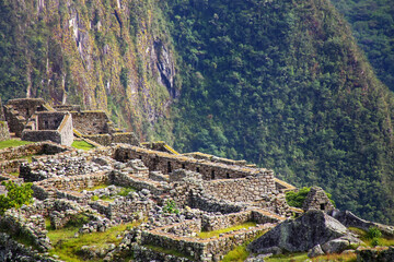 Close view of the ruins at Machu Picchu citadel in Peru.