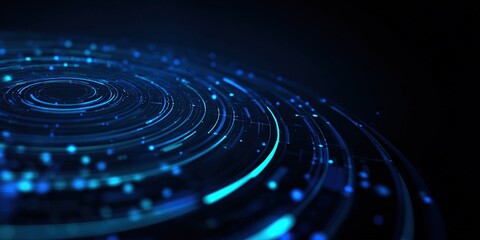 Obraz premium Blue glowing concentric circles form a futuristic digital interface on a dark background, technology, innovation, data processing and communication. Background for digital themes, Broadcast design