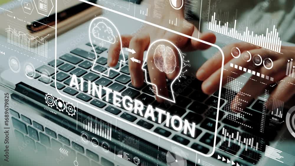 Poster futuristic concept of artificial intelligence integration with human brain illustrations on laptop k