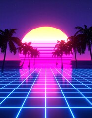 Retro sunset over a gridded path