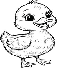 Duckling cartoon, black and white drawing, cute animal sketch, children coloring page, cheerful duck, expressive eyes, fun illustration, feathered character, playful bird, educational ar