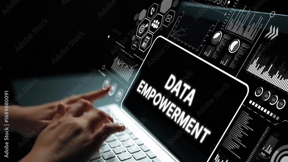 Poster hands typing on laptop with glowing screen displaying data empowerment, charts and graphics in a dig