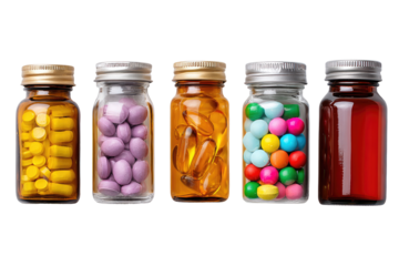 Five glass medicine bottles, each filled with different pills and capsules