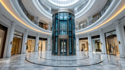 Obraz premium Modern glass elevator in luxury shopping mall with marble floor