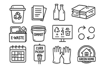 Home Recycling Icons. Recycling at home doodle icon set: hand drawn icons of recycling bins, paper stack, glass bottles, cardboard