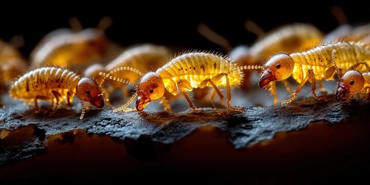 Detailed macro photograph of termites, highlighting their intricate body structure and environment.