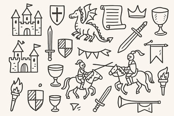 Medieval Fair Doodles. Medieval fair: hand drawn doodles of castles, shields, swords, dragons, scrolls, knights, princess crowns,