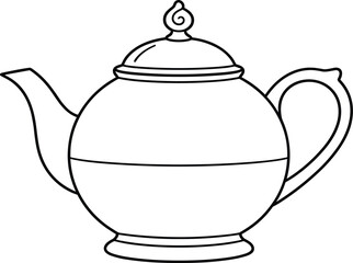 Teapot illustration, black and white drawing, vintage kitchenware, ornate handle, curved spout, dome lid, traditional design, line art, tea pot