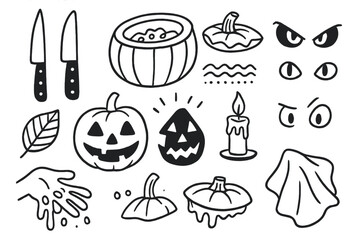 Pumpkin Carving Doodles. Pumpkin carving: hand drawn doodles of knives, scooped pumpkins, patterns, glowing faces, lids, candles,