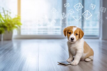 Charming puppy delights with smartphone in cozy morning light. Puppy scene. Living in a world of never-ending messages and mental clutter. Puppy charm. Puppy fun.