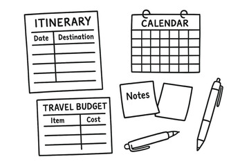 Travel Planning Doodles. Travel planner tools: hand drawn doodles of itinerary page, calendar, sticky notes, travel budget sheet,