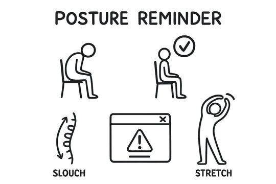 Posture Reminder Doodles. Posture reminder: hand drawn doodles of slouch figure, upright icon, alert popup, spine curve, and