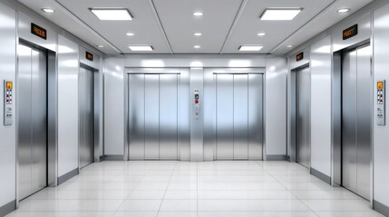 Obraz premium Four elevators doors opening and closing in modern building lobby