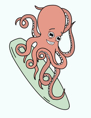 Hand-drawn vector illustration of cool  smiling octopus riding on a surfboard