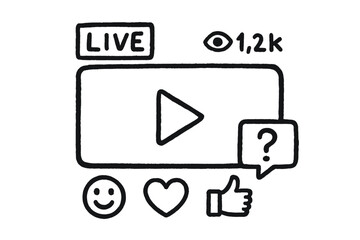 Fototapeta premium Live Stream Doodles. Live stream class: hand drawn doodles of video frame, play icon, viewers count, emoji reactions, question