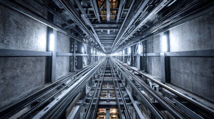 Elevator shaft showing metal rails and concrete walls