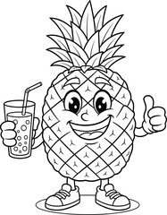 Cartoon pineapple character, smiling fruit mascot, thumbs up gesture, tropical juice drink, fun kids illustration, healthy lifestyle, black and white drawing