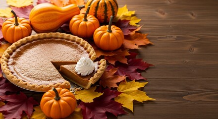 A festive Thanksgiving dessert scene with a traditional pumpkin pie, a slice topped with whipped cream, surrounded by mini pumpkins and colorful autumn leaves on a wooden background