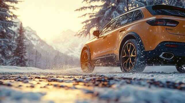 A vibrant orange car traversing a snow-covered road amidst a scenic mountain landscape.