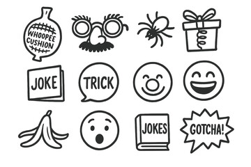 April Fools Icons. April Fool’s Day doodle icon set: hand drawn icons of whoopee cushion, silly glasses, fake spider, prank gift,